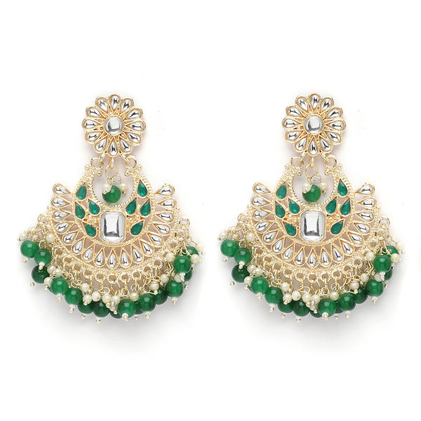 Gold-Plated Green & White Kundan studded Crescent Shaped Chandbali Earrings
