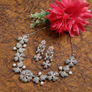 Rhodium-Plated Pink Cubic Zirconia Studded Floral Theme Necklace & Earrings Jewellery Set