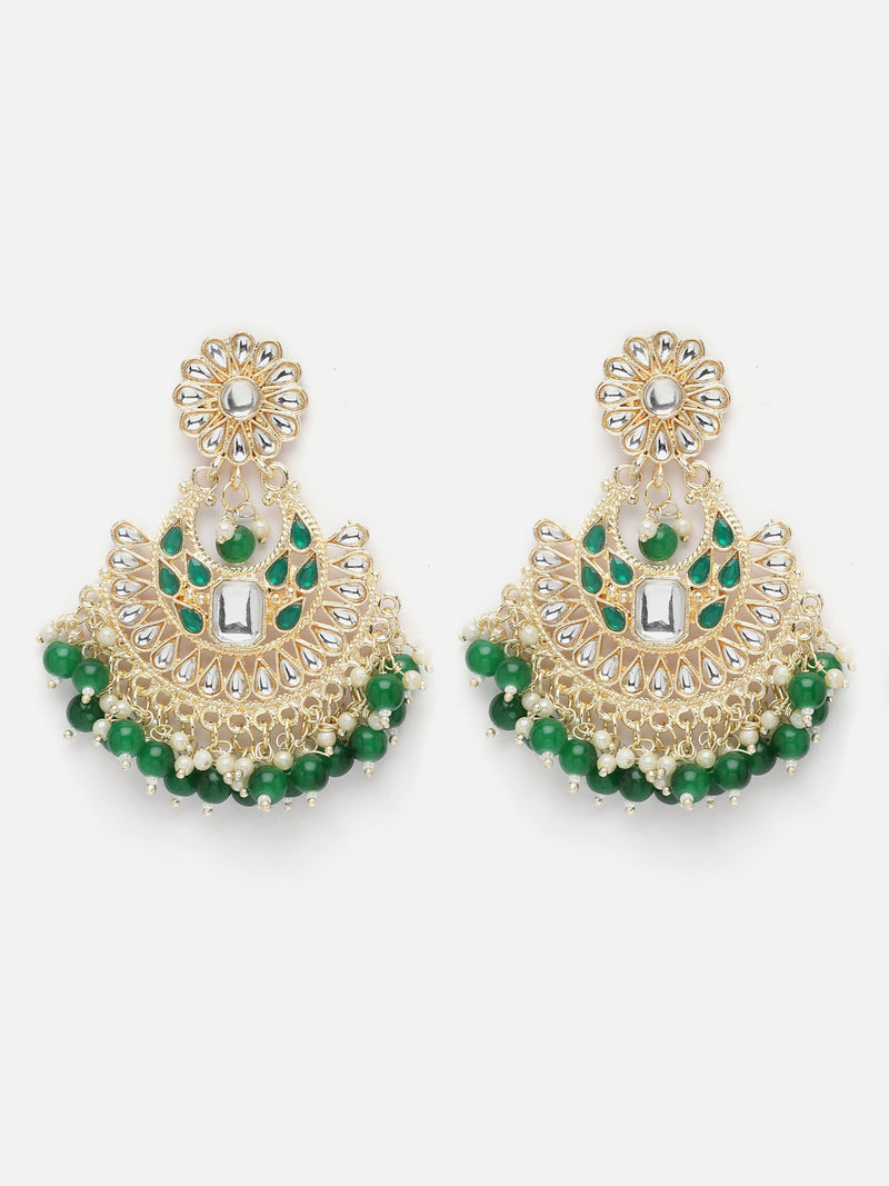 Gold-Plated Green & White Kundan studded Crescent Shaped Chandbali Earrings