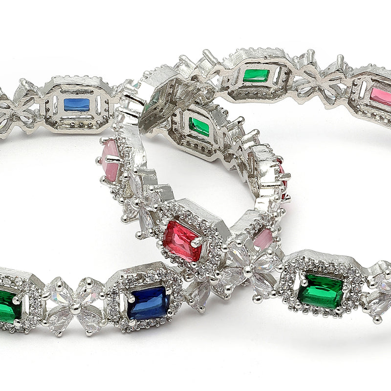 Rhodium-Plated Multi-Colour Square Shape American Diamond Studded Handcrafted Bangles Set of 2