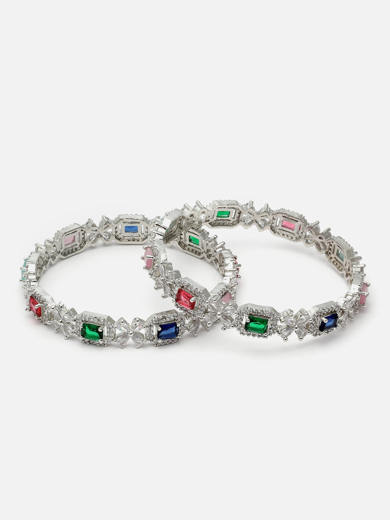 Rhodium-Plated Multi-Colour Square Shape American Diamond Studded Handcrafted Bangles Set of 2