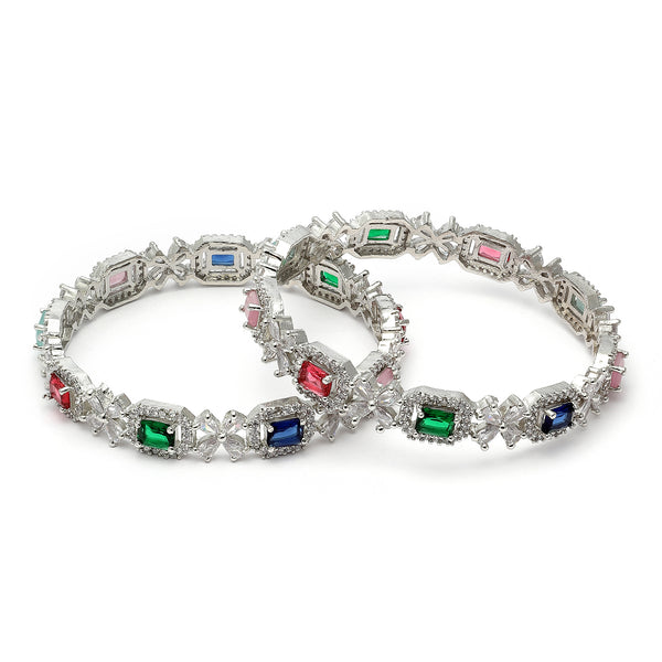 Rhodium-Plated Multi-Colour Square Shape American Diamond Studded Handcrafted Bangles Set of 2