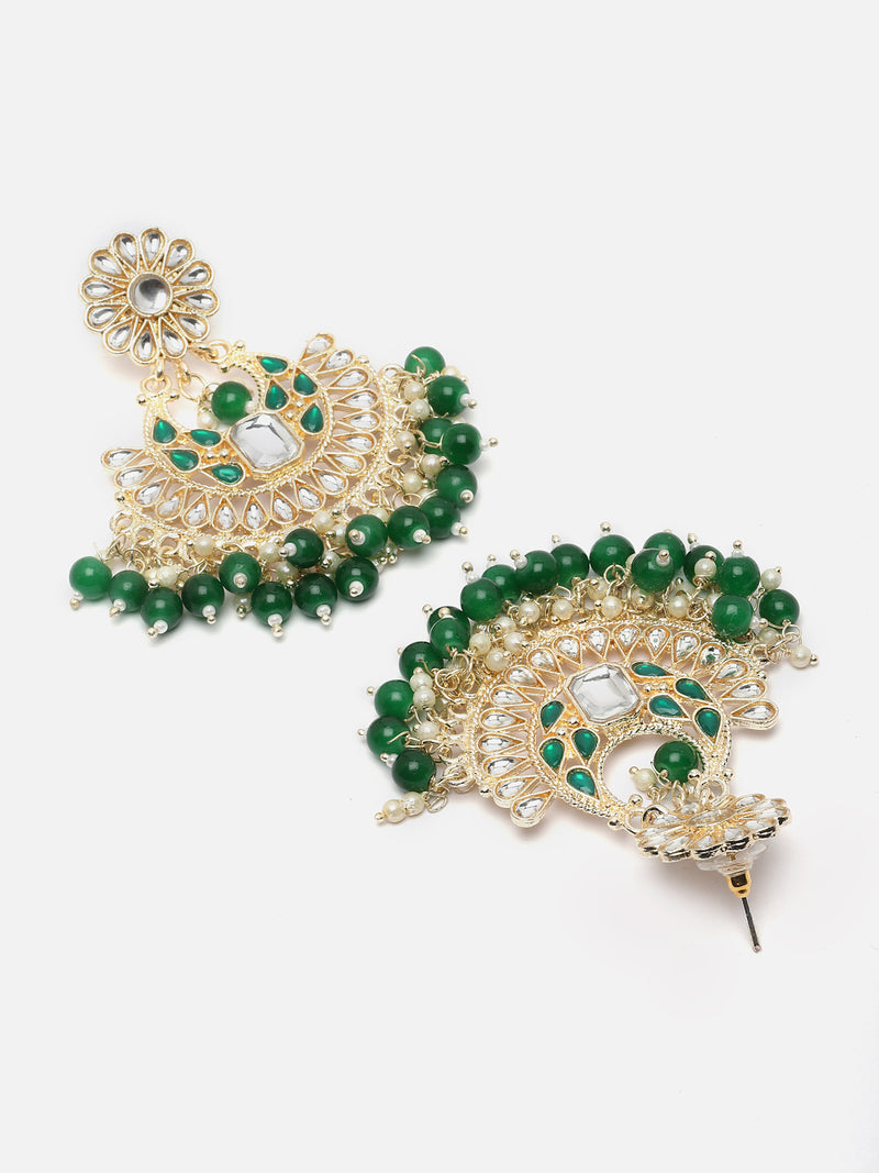 Gold-Plated Green & White Kundan studded Crescent Shaped Chandbali Earrings