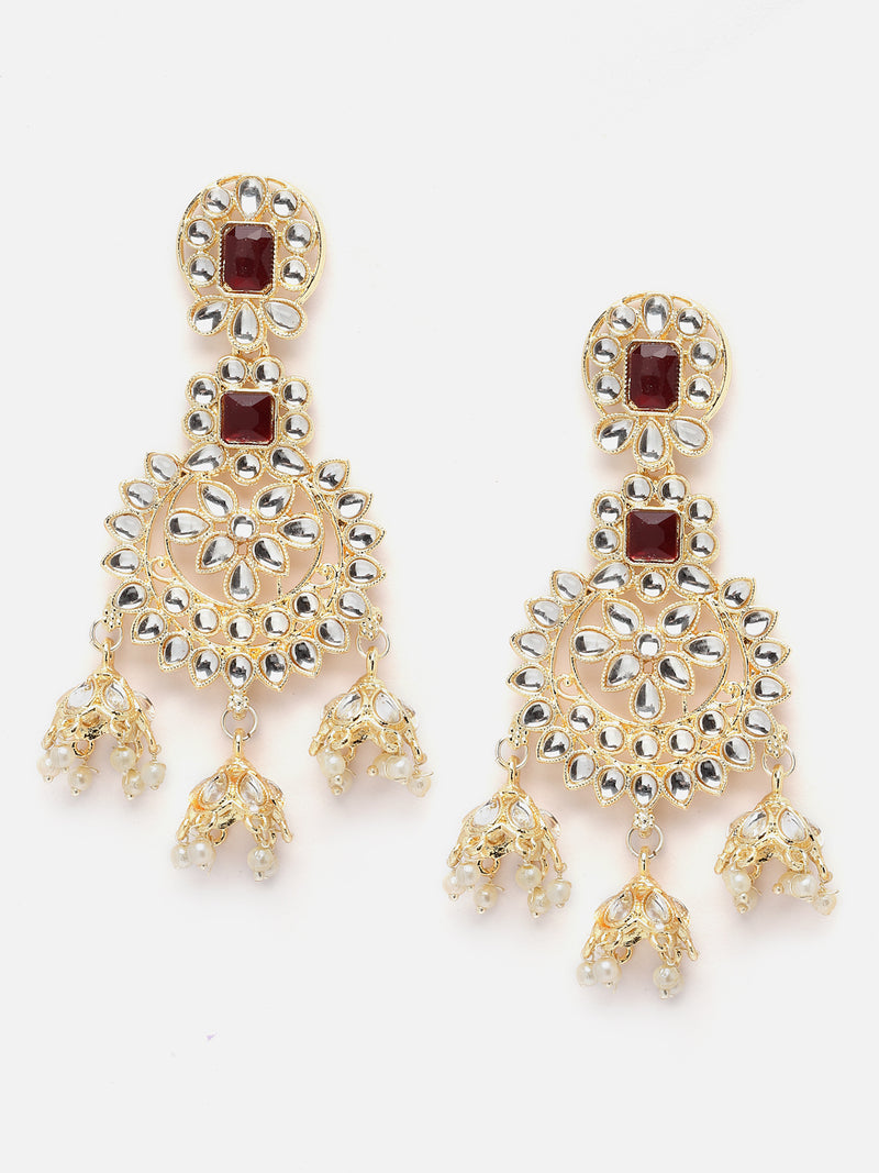 Gold-Plated Red & White Kundan studded Contemporary Jhumka Earrings