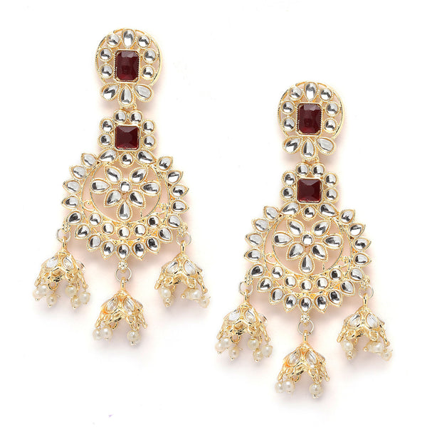 Gold-Plated Red & White Kundan studded Contemporary Jhumka Earrings