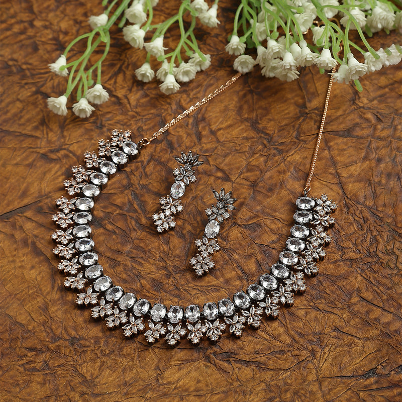 Rose Gold-Plated Gunmetal Toned White American Diamonds Studded Wacky Necklace & Earrings