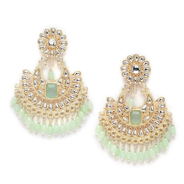 Gold-Plated Sea Green & White Kundan studded Crescent Shaped Chandbali Earrings