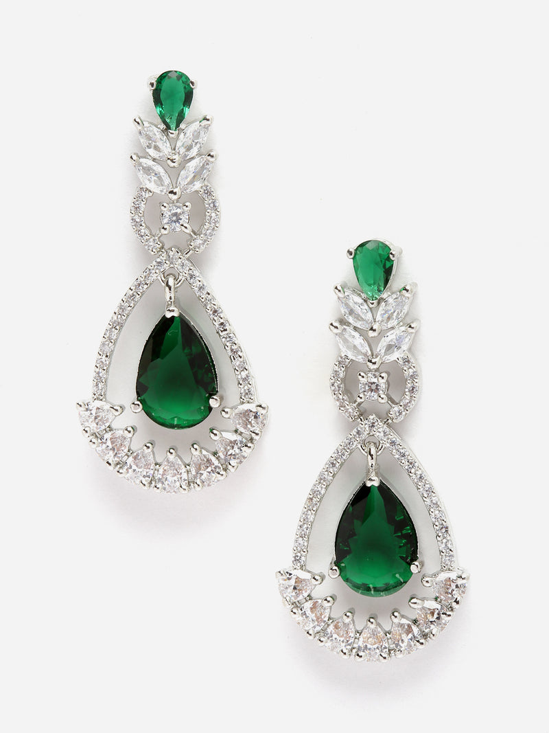 Rhodium-Plated Green American Diamond studded Teardrop & Leaf Shaped Drop Earrings