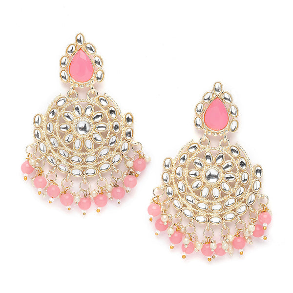 Gold-Plated Pink & White Kundan studded Contemporary Drop Earrings