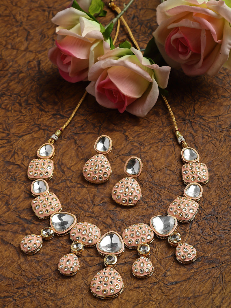 Gold-Plated Kundan Studded Pink Enamelled Necklace With Earrings Jewellery Set