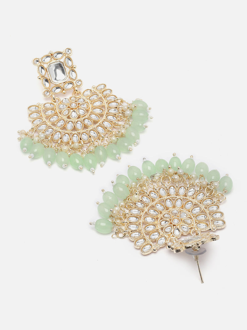 Gold-Plated Sea Green & White Kundan studded Crescent Shaped Drop Earrings