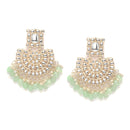 Gold-Plated Sea Green & White Kundan studded Crescent Shaped Drop Earrings