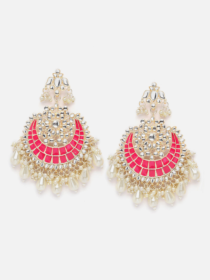 Gold-Plated Kundan studded Red & Off-White Crescent Shaped Chandbali Earrings