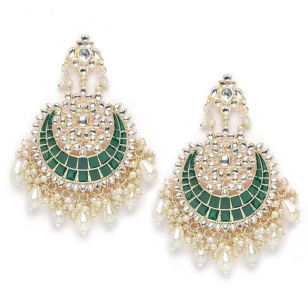 Gold-Plated Kundan studded Green & Off-White Crescent Shaped Chandbali Earrings