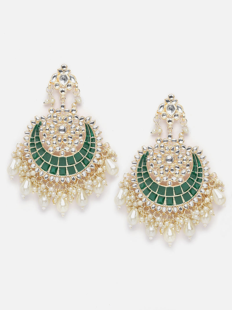 Gold-Plated Kundan studded Green & Off-White Crescent Shaped Chandbali Earrings