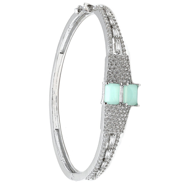 Rhodium-Plated Silver Toned Square Shaped Sea Green  American Diamond Studded Bracelet