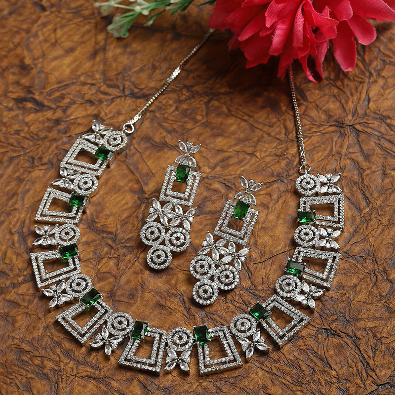 Rhodium-Plated Green & White American Diamonds Studded Squarish Shaped Necklace & Earrings Jewellery Set