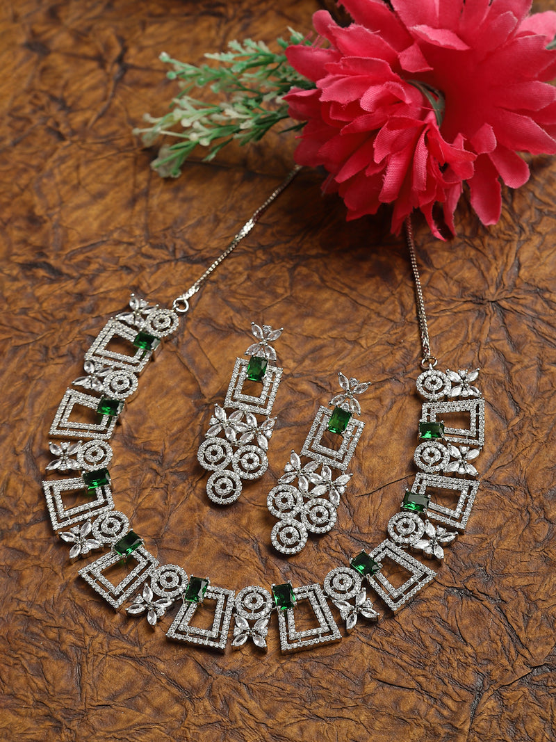 Rhodium-Plated Green & White American Diamonds Studded Squarish Shaped Necklace & Earrings Jewellery Set