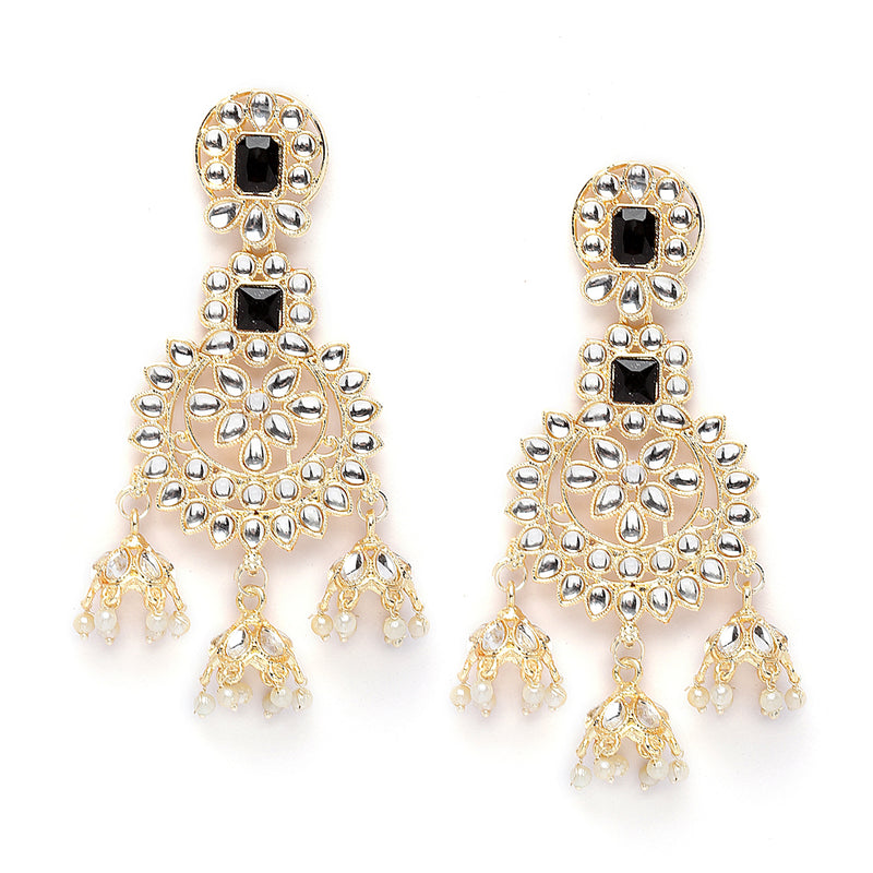 Gold-Plated Black & White Kundan studded Contemporary Jhumka Earrings