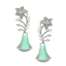 Rhodium-Plated Sea Green & White American Diamond studded Floral Theme Drop Earrings