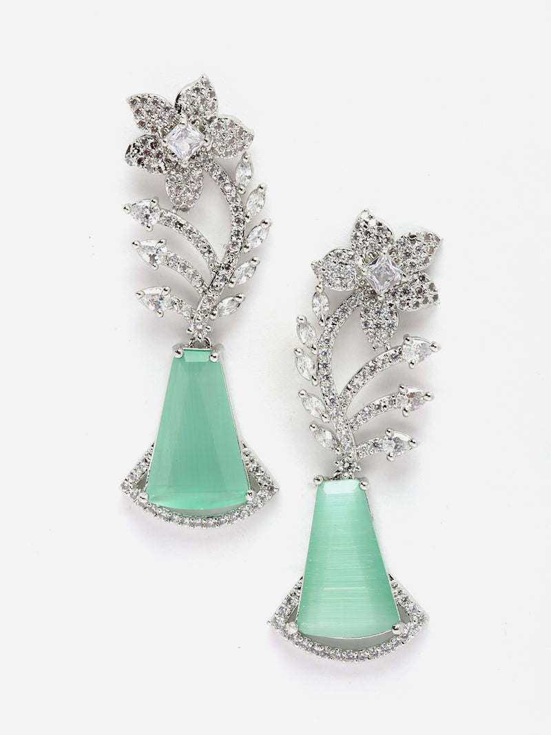 Rhodium-Plated Sea Green & White American Diamond studded Floral Theme Drop Earrings