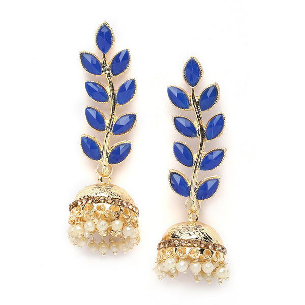 Gold-Plated Blue & White Kundan studded Dome Shaped Meenakari Jhumka Earrings