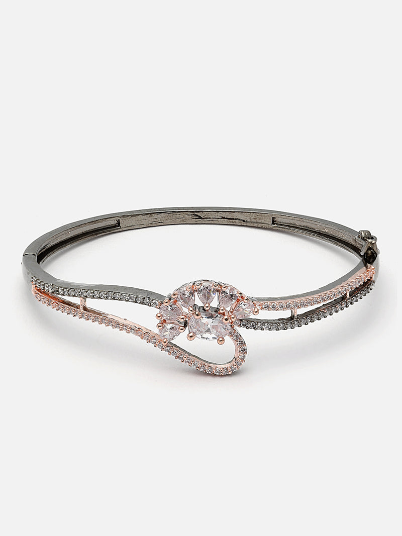 Rose Gold-Plated Gunmetal Toned White American Diamond Studded Floral Theme Kada Bracelet