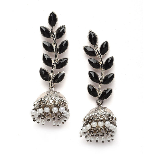 Silver-Plated Metallic Toned Black & White Kundan studded Dome Shaped Meenakari Jhumka Earrings