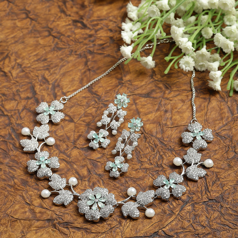 Rhodium-Plated Sea Green Cubic Zirconia Studded Floral Theme Necklace & Earrings Jewellery Set