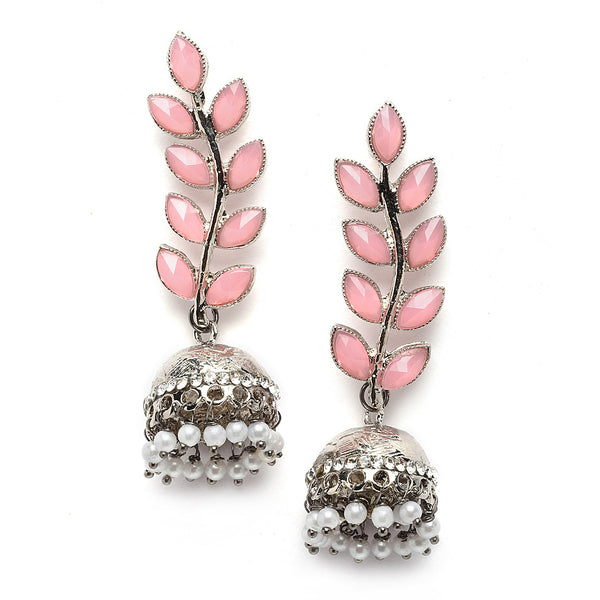 Silver-Plated Metallic Toned Pink & White Kundan studded Dome Shaped Meenakari Jhumka Earrings