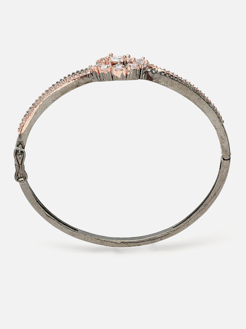 Rose Gold-Plated Gunmetal Toned White American Diamond Studded Floral Theme Kada Bracelet