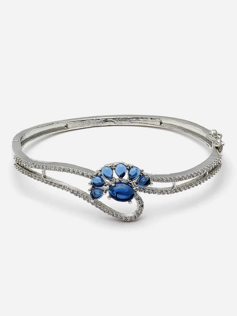 Rhodium-Plated Navy Blue American Diamond Studded Floral Theme Kada Bracelet