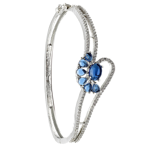 Rhodium Plated Silver Toned Flower Shaped Royal Blue American Diamond Studded  Bracelet