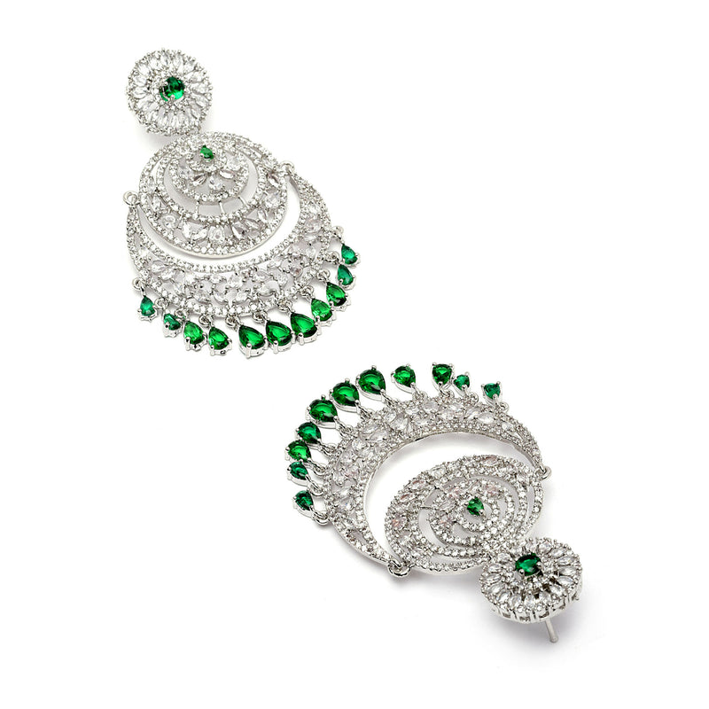 Rhodium-Plated Silver Toned Green American Diamond studded Chandbali  Maang Tikka with Earring Set