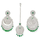 Rhodium-Plated Silver Toned Green American Diamond studded Chandbali  Maang Tikka with Earring Set
