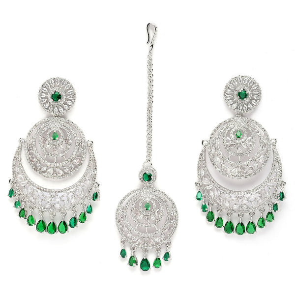 Rhodium-Plated Silver Toned Green American Diamond studded Chandbali  Maang Tikka with Earring Set