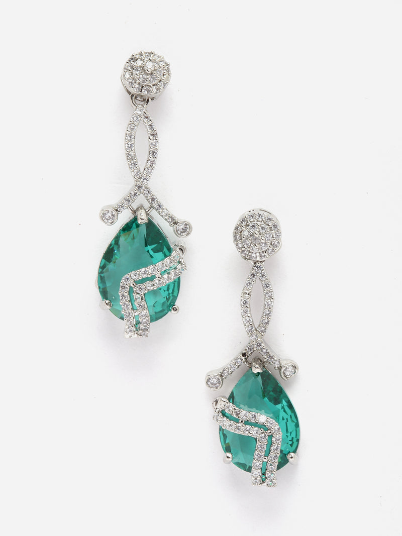 Rhodium-Plated Turquoise Blue & White American Diamond studded Trardrop Shaped Drop Earrings