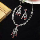 Rhodium-Plated Red Baguette Teardrops American Diamonds Studded Necklace & Earrings Jewellery Set