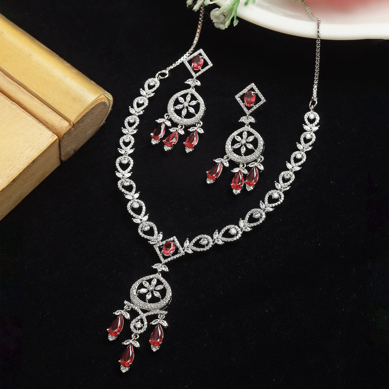 Rhodium-Plated Red Baguette Teardrops American Diamonds Studded Necklace & Earrings Jewellery Set