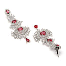 Rhodium Plated Silver Toned Red American Diamond Studded Maang Tikka  With Earring