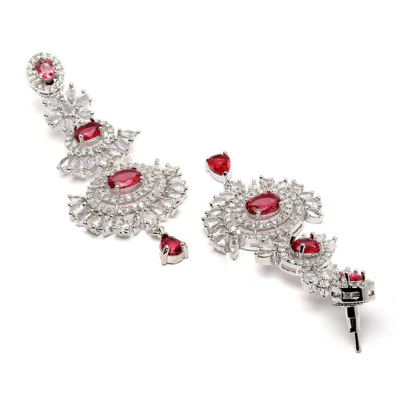Rhodium Plated Silver Toned Red American Diamond Studded Maang Tikka  With Earring
