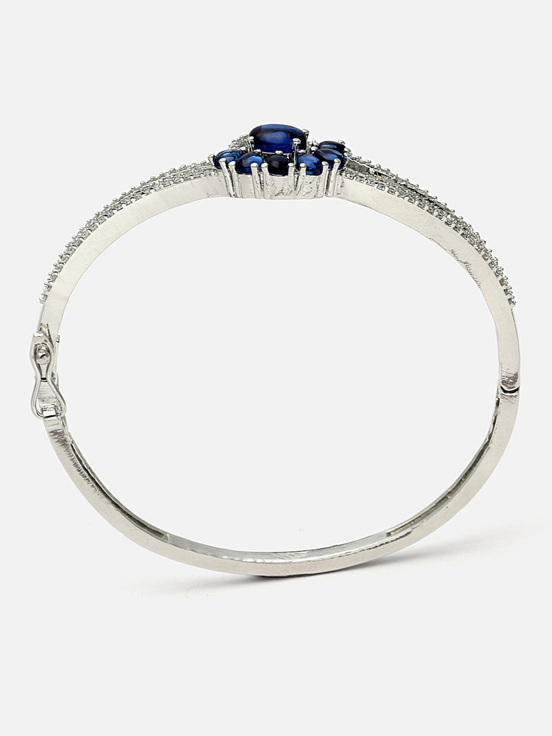 Rhodium-Plated Navy Blue American Diamond Studded Floral Theme Kada Bracelet