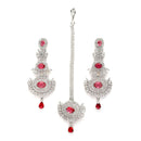 Rhodium Plated Silver Toned Red American Diamond Studded Maang Tikka  With Earring