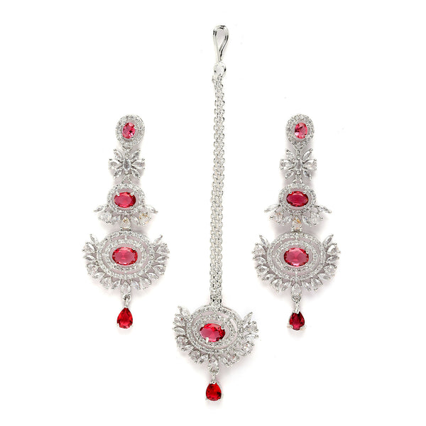 Rhodium Plated Silver Toned Red American Diamond Studded Maang Tikka  With Earring