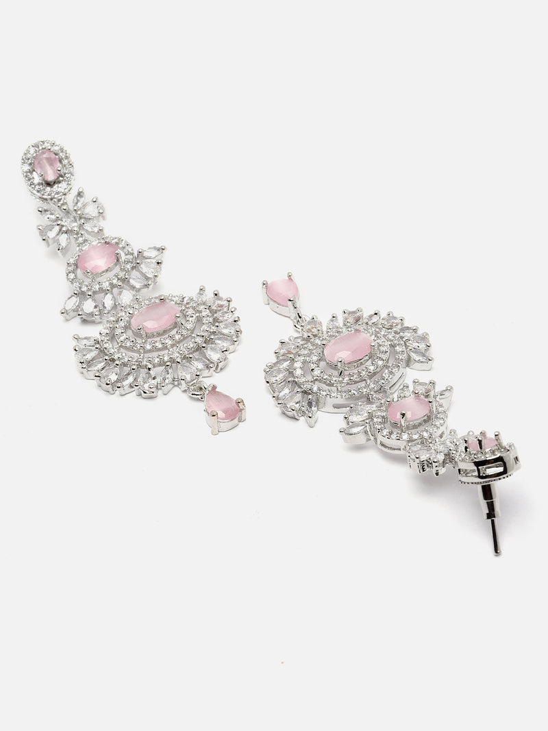 Rhodium-Plated Silver Toned Pink & White American Diamond studded Maang Tikka with Dangle Drop Earrings