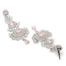 Rhodium Plated Pink American Diamond Bead Drops Ethnic Maang Tikka & Earring
