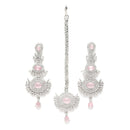 Rhodium Plated Silver Toned Pink American Diamond Studded Maang Tikka  With Earring