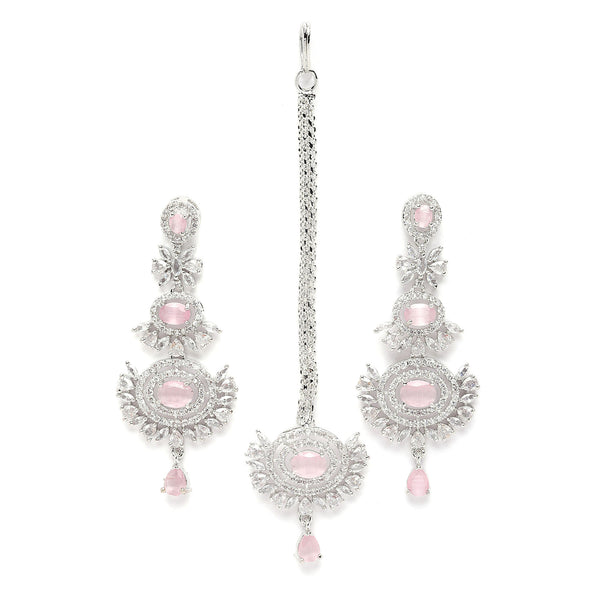 Rhodium Plated Silver Toned Pink American Diamond Studded Maang Tikka  With Earring