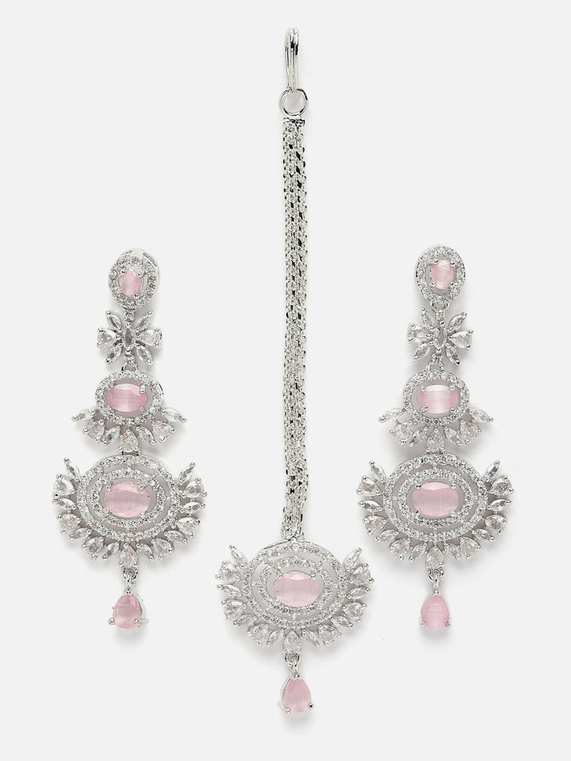 Rhodium-Plated Silver Toned Pink & White American Diamond studded Maang Tikka with Dangle Drop Earrings