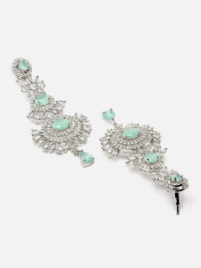 Rhodium-Plated Silver Toned Sea Green & White American Diamond studded Maang Tikka with Dangle Drop Earrings